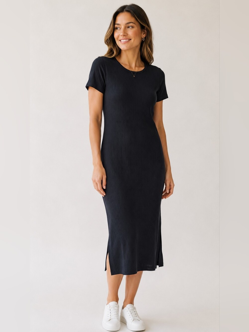 Ingrid & Isabel Black Ribbed Short-Sleeve Midi Dress